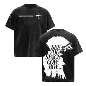 Spike x Cowboy Bebop Anime Double Printed Vintage Washed Tee Unisex Oversize Heavyweight Cotton T-shirt for Anime Fans and Lovers