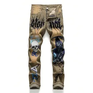 Latest Street Style Vintage Y2k Distressed Print Grim Reaper's Scythe Jeans Fabric Menswear Set Stretch