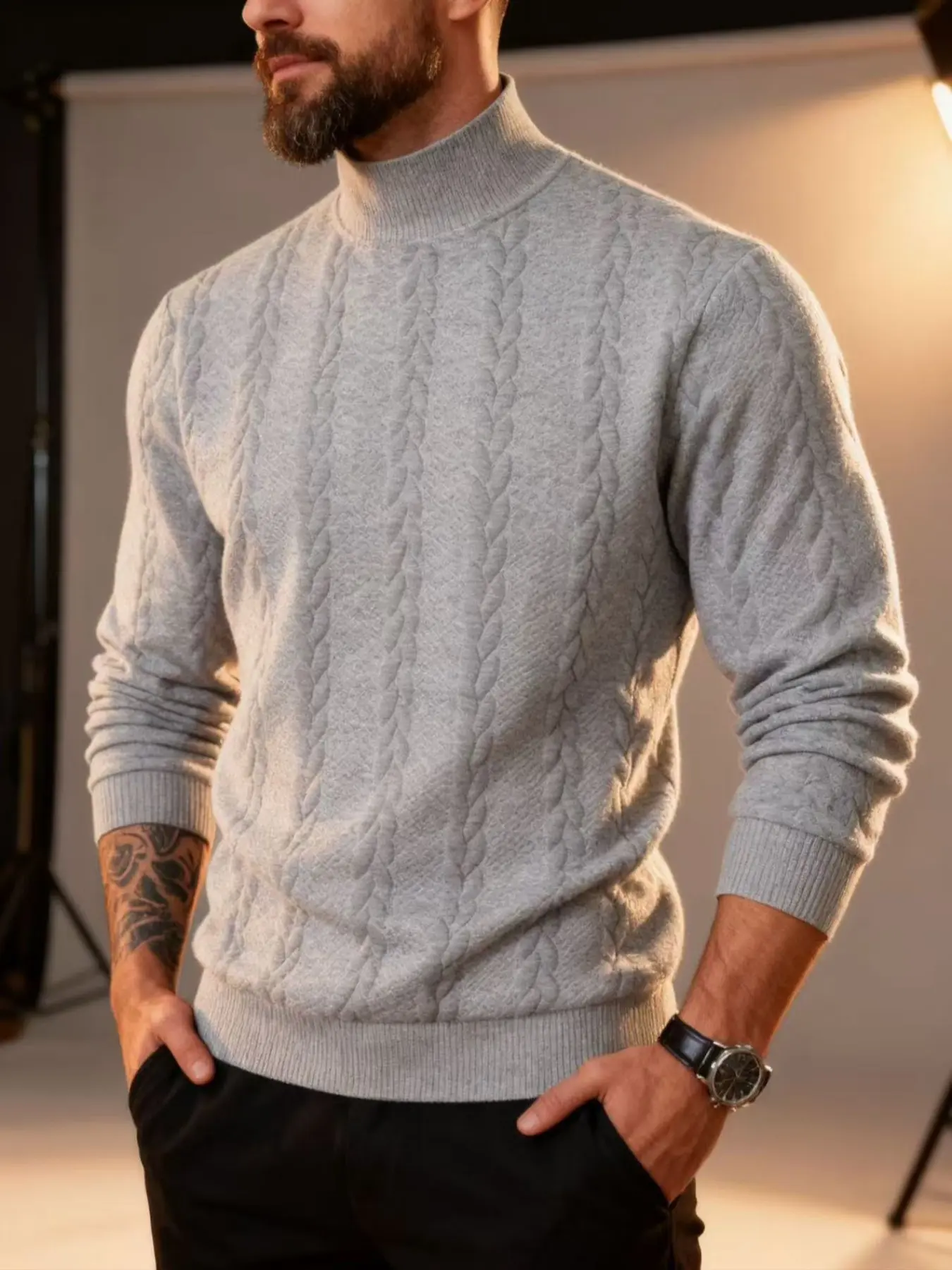 Men's solid color knitted jacquard turtleneck sweater Knitwear is comfortable, warm and windproof, and can be layered. Casual, comfortable, regular slim fit long-sleeved sweatshirt, suitable for autumn and winter wear, and for men's daily outfits.