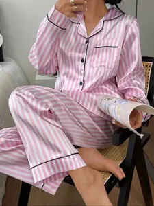 Women's Striped Button Front Shirt & Elastic Waist Pants Set, Soft Fabric Long Sleeve Casual Home Wear for All Seasons