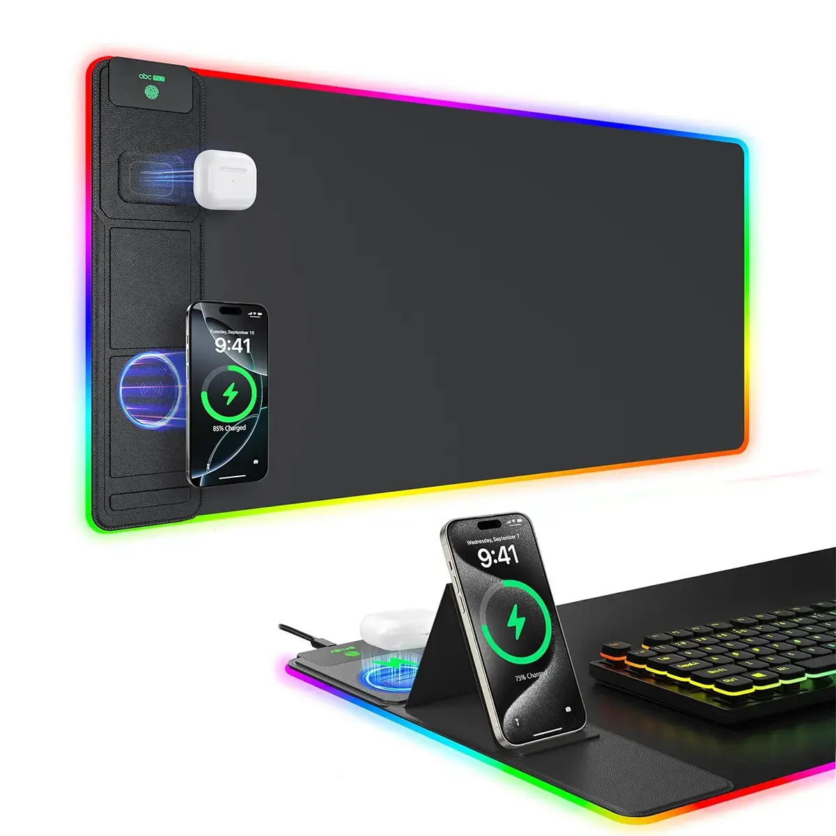 RGB Mousepad 4-in-1 Wireless Charging Extended Gaming Mouse Pad with Charger, Excel Shortcuts, 15W Charging, Phone Stand, 13 LED Modes, 31.5x11.8in Size, Non-Slip Waterproof Surface, 1.5m Cable, Bonus Stretch Guide, Desk Accessories, Easy to Maintain, Ext