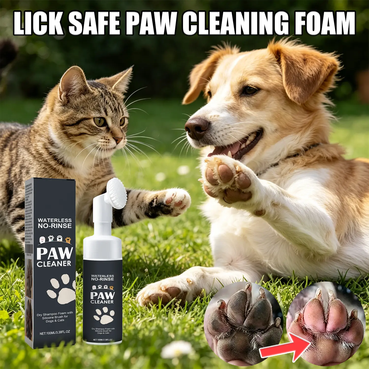Pet Cleaning Paws No Rinse Dog Paw Cleaner & Plant-Based Puppy Paw Washer Silicone Bristle Brush Dry Shampoo for Cats Pets Easy to Use No Rinse Foam Dispensing Gentle Plant-Based Formula 150ml Natural Oils