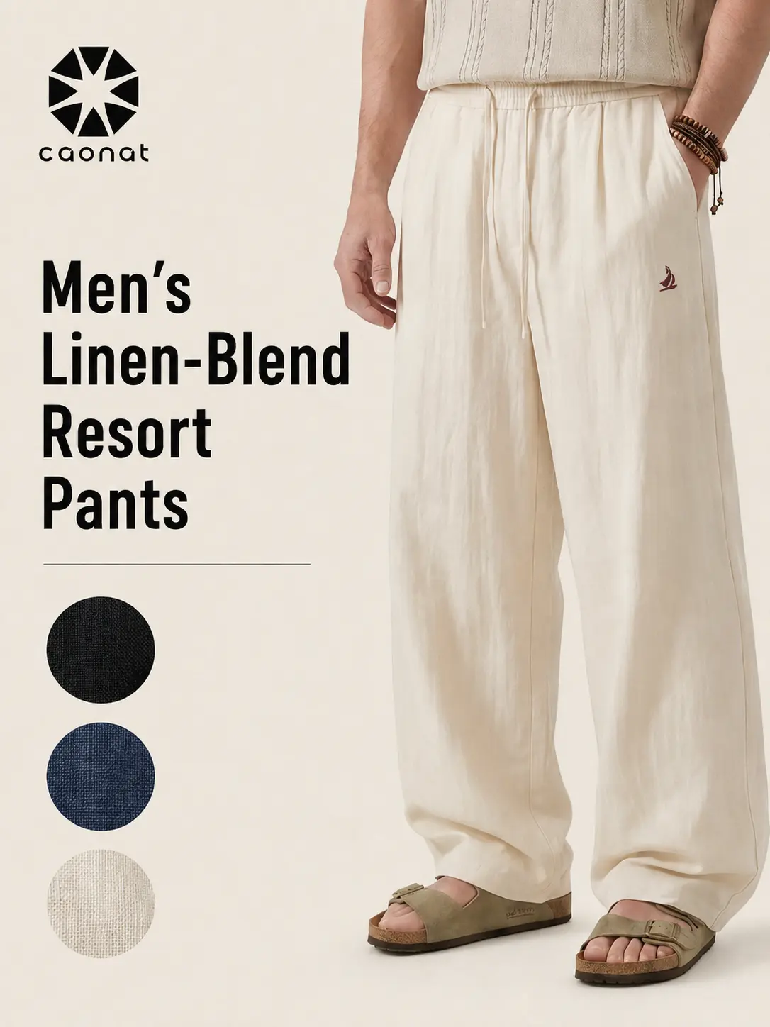 CAONAT Men's Linen-Rayon Blend Casual Loose Pants - Plain, Lightweight Menswear Clothes with Adjustable Drawstring Elastic Waistband, Breathable Summer Trousers for Beach, Father's Day Gift (Black, Beige), Fabric, Linen Pants, Men's Wear, Casual Wear, Sof