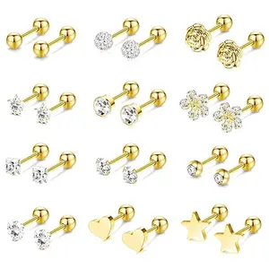 16 Gauge Cartilage Earrings for Women Hypoallergenic Surgical Stainless Steel Gold Cartilage Earring Set Daith Conch Tragus Helix Piercing Jewelry