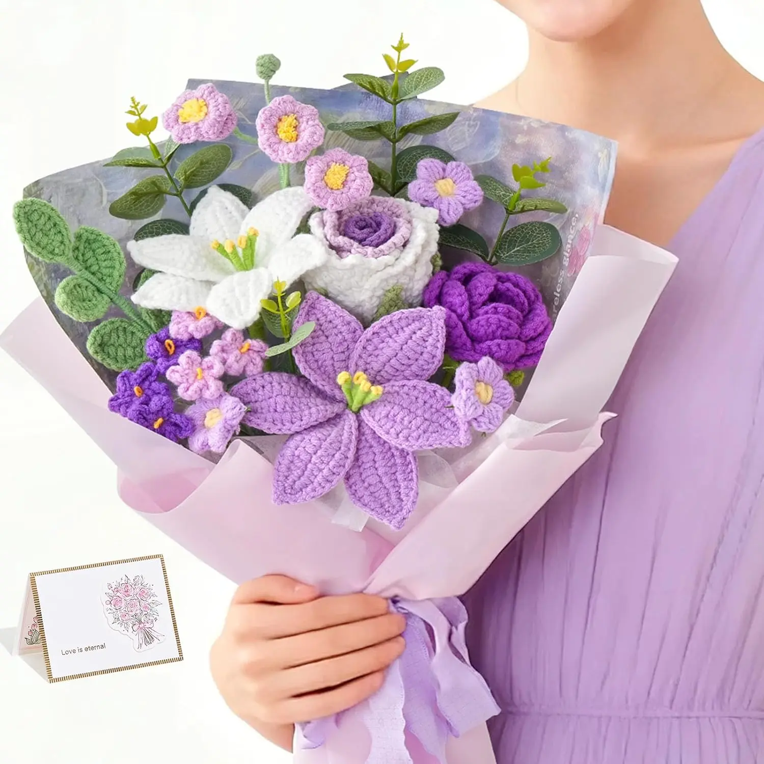 Serwalin Crochet Flower Bouquet, Purple Knitted Flowers, Liliy Roses Crochet Flowers for Mother's Day Graduation Lover Teacher Anniversary Birthday Gifts, for Girlfriend,Wife(Include Card)