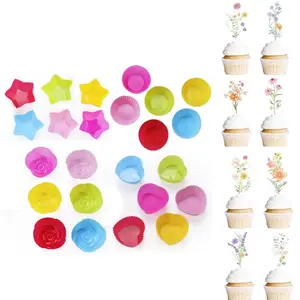 24 Pieces Colorful Silicone Cupcake Liners Reusable Baking Cups Nonstick Easy Clean Pastry Muffin Molds 4 Shapes Round, Stars, Heart, Flowers, 40 Cake topper decoration