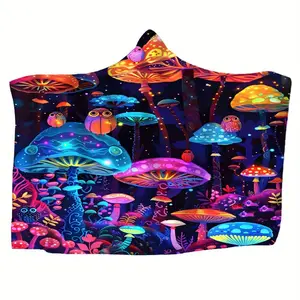 Mushroom Print Hooded Blanket, 1 Count Soft Comfortable Wearable Blanket, Cool Bedroom Bedding Blankets for Home Office Travel Dormitory Camping, Cozy Throw Blanket