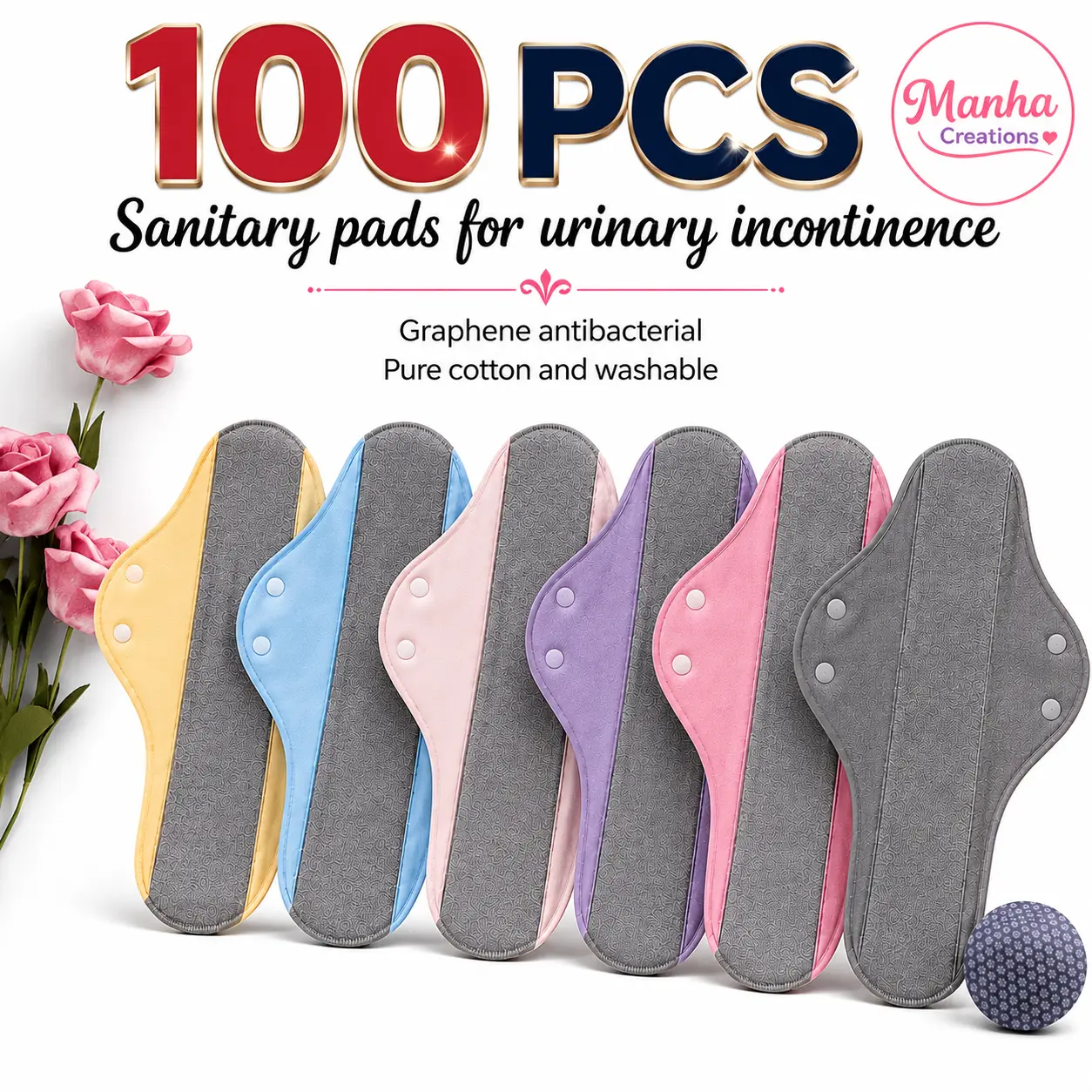 Organic Reusable Cotton Feminine Care Pads - Waterproof, Leakproof, Unscented, Washable, Max-Absorb Reusable Pads for Women's Personal Care, Water Proof