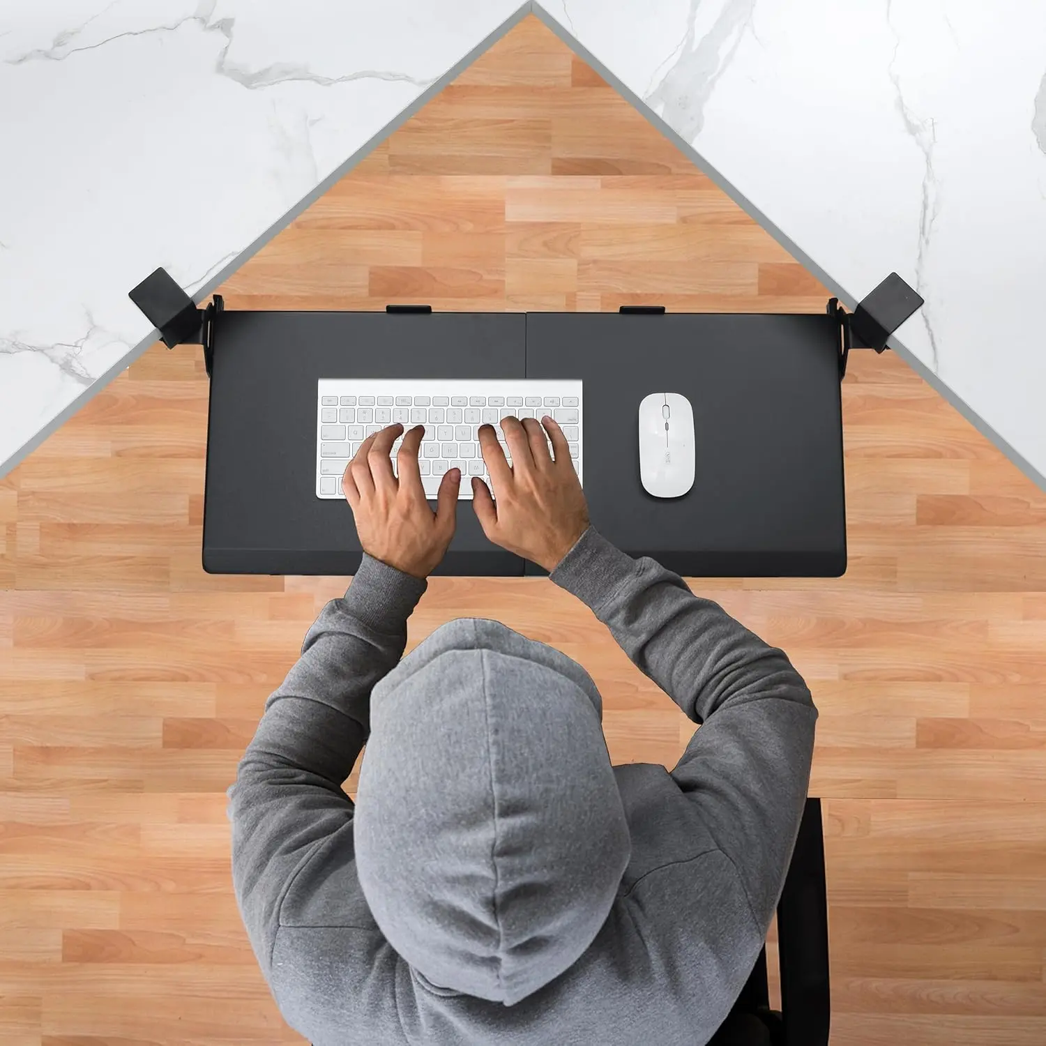 ETHU Keyboard Tray Under Desk, Ergonomic Corner Keyboard Tray with 180° Adjustable C Clamp for L Shape Desk 26.77" X 12.2" Easy to Install, Computer Keyboard Stand for Home and Office