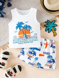 Sleeveless Set with Tank Top, Vest & Shorts, Beachwear Style, Summer Casual for Kids, Perfect for Outdoor Activities, Children, Graphic Print Set