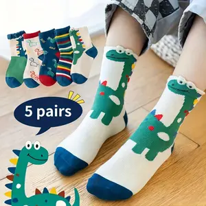 5 Pairs Of Boy's Trendy Cartoon Dinosaur Pattern Crew Socks, Breathable Comfy Casual Style Unisex Socks Kids Outdoor All Seasons Wearing