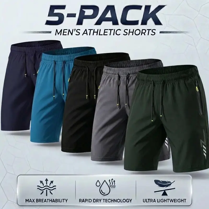 Men’s summer athletic shorts, loose outdoor casual fit with zippered pockets; comfortable, soft, and breathable—ideal for running and fitness. Features zippered pockets, reflective stripes, a mid-rise drawstring design. Men’s apparel suitable for hot weat