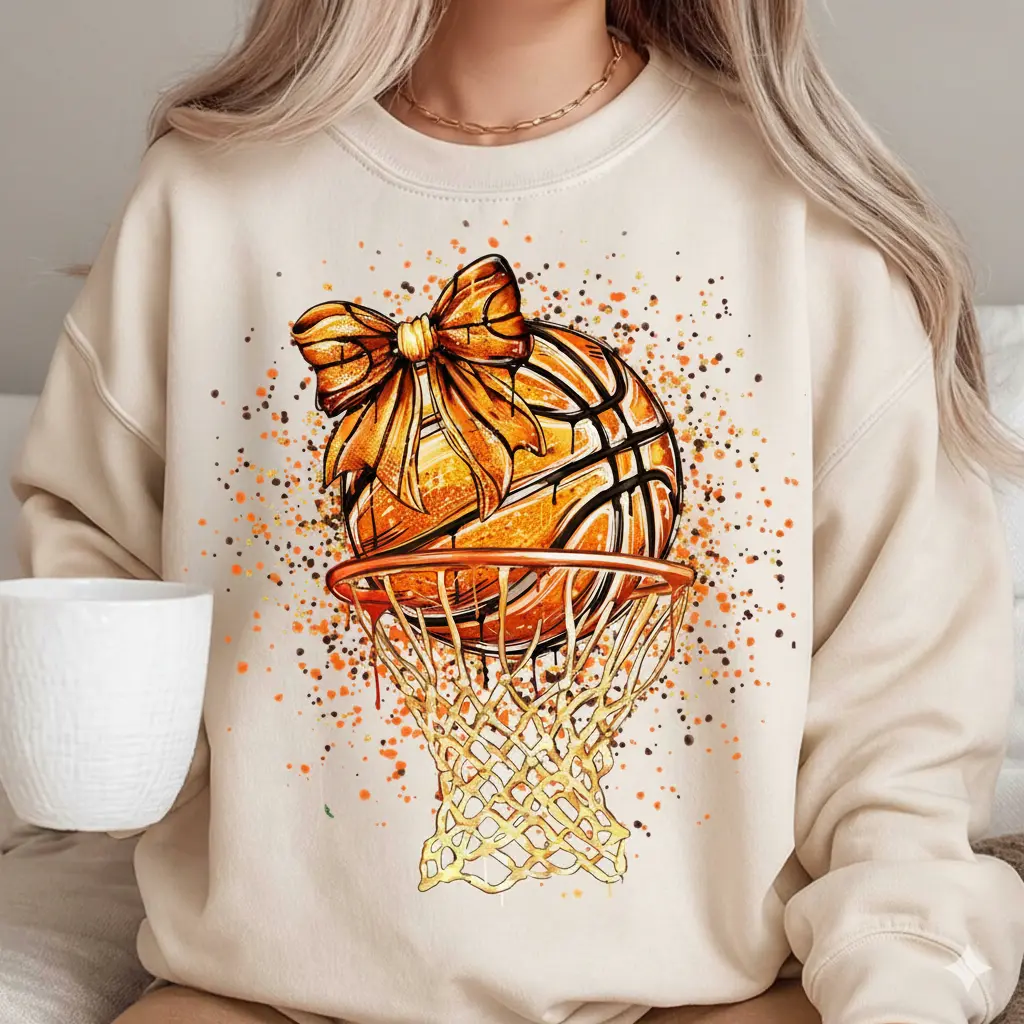 Coquette Basketball Bow Hoop Sweatshirt, Orange Glitter Game Day Crewneck, Unisex Cotton Top, Printed, Womenswear