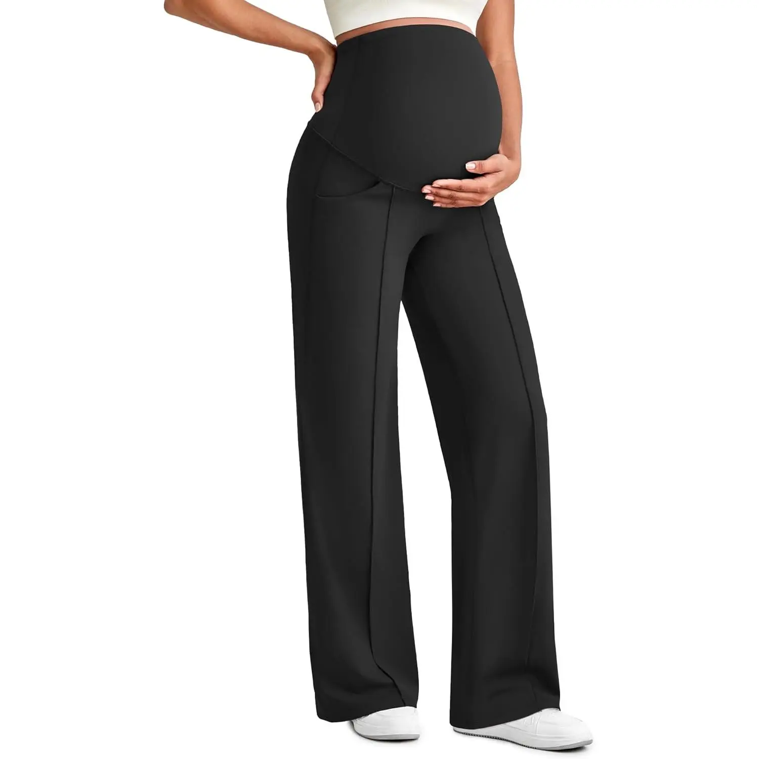 Women's Maternity Over-The-Belly Elastane Pants - Stretchy Wide-Leg Trousers with Pockets for Pregnancy, Postpartum Yoga, Work - Tall-Fit Sports Bottoms
