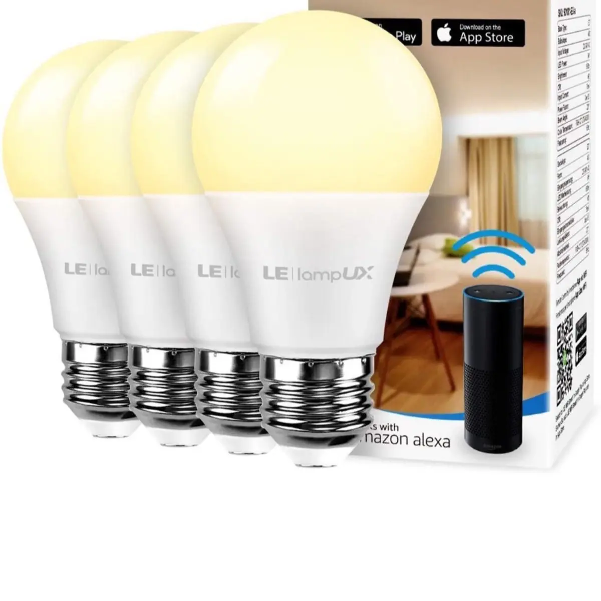 4 Pack LED Smart Light Bulbs Works with Alexa and Google Home, 60 Watt Equivalent, Dimmable with App, Warm White 2700K, No Hub Required, A19 E26, 2.4GHz WiF