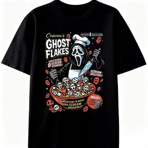 Scream Ghost Flakes Horror Cereal Graphic Tee | Slasher Movie Parody Print | 90s Horror Fan Apparel | Spooky Breakfast Themed Streetwear | Nostalgic Horror Merch