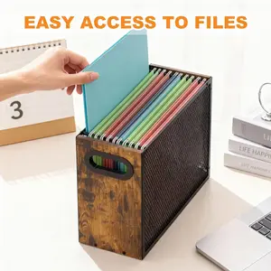Wooden Hanging File Organizer Box, Metal Mesh Folder Storage Bin with Handle, Suitable for Home Office Desk, Office Supplies