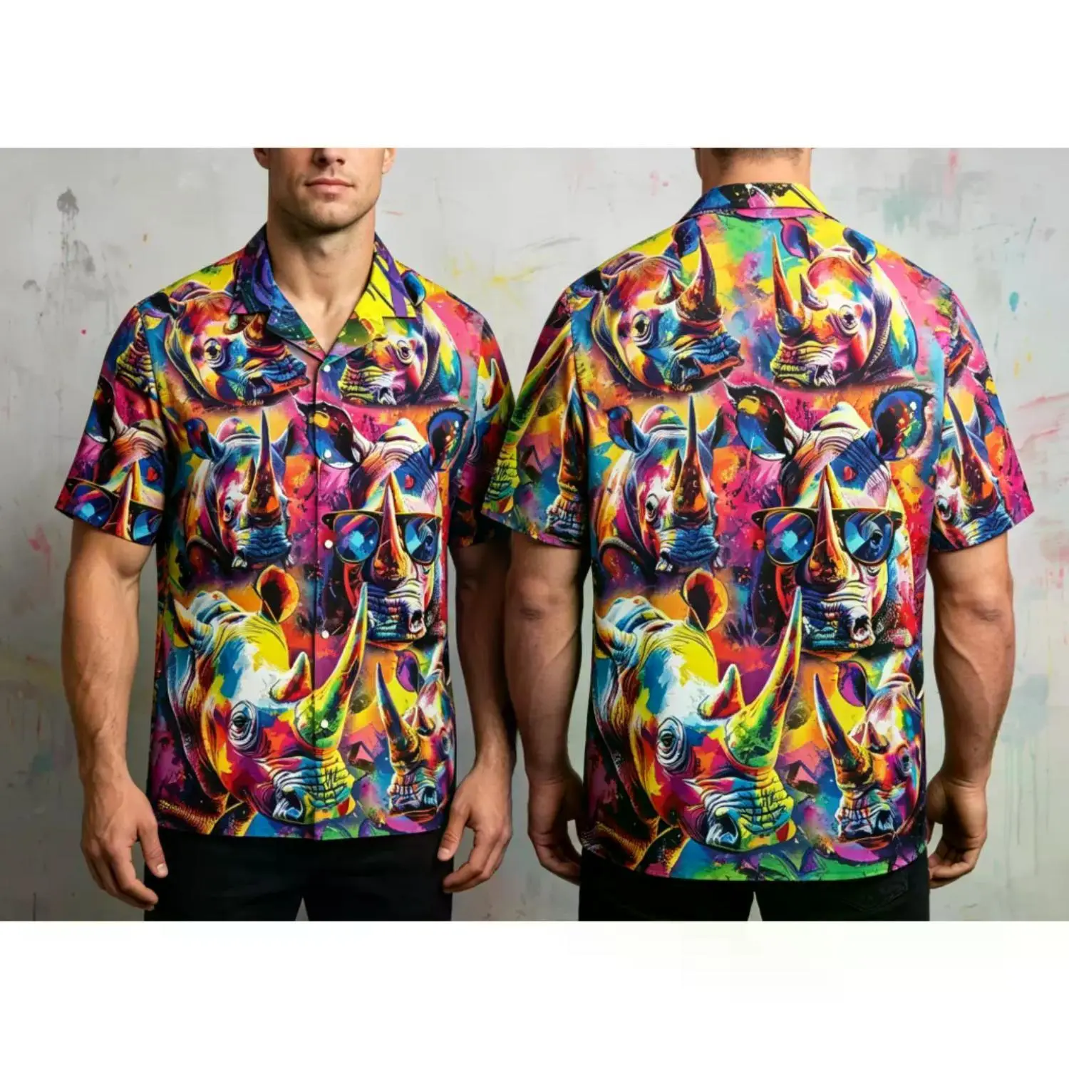 Men's Neon Rhinoceros Hawaiian Short Sleeve Button Down Shirt - Fun Summer Style
