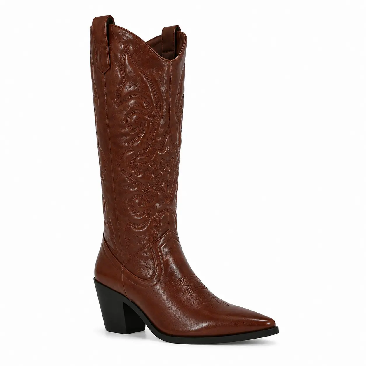 BERNESS Arizona Women's Western Cowgirl Boots, Embroidered Faux Leather Pull-On with Pointed Toe and 3-Inch Chunky Heel, Women's Shoes