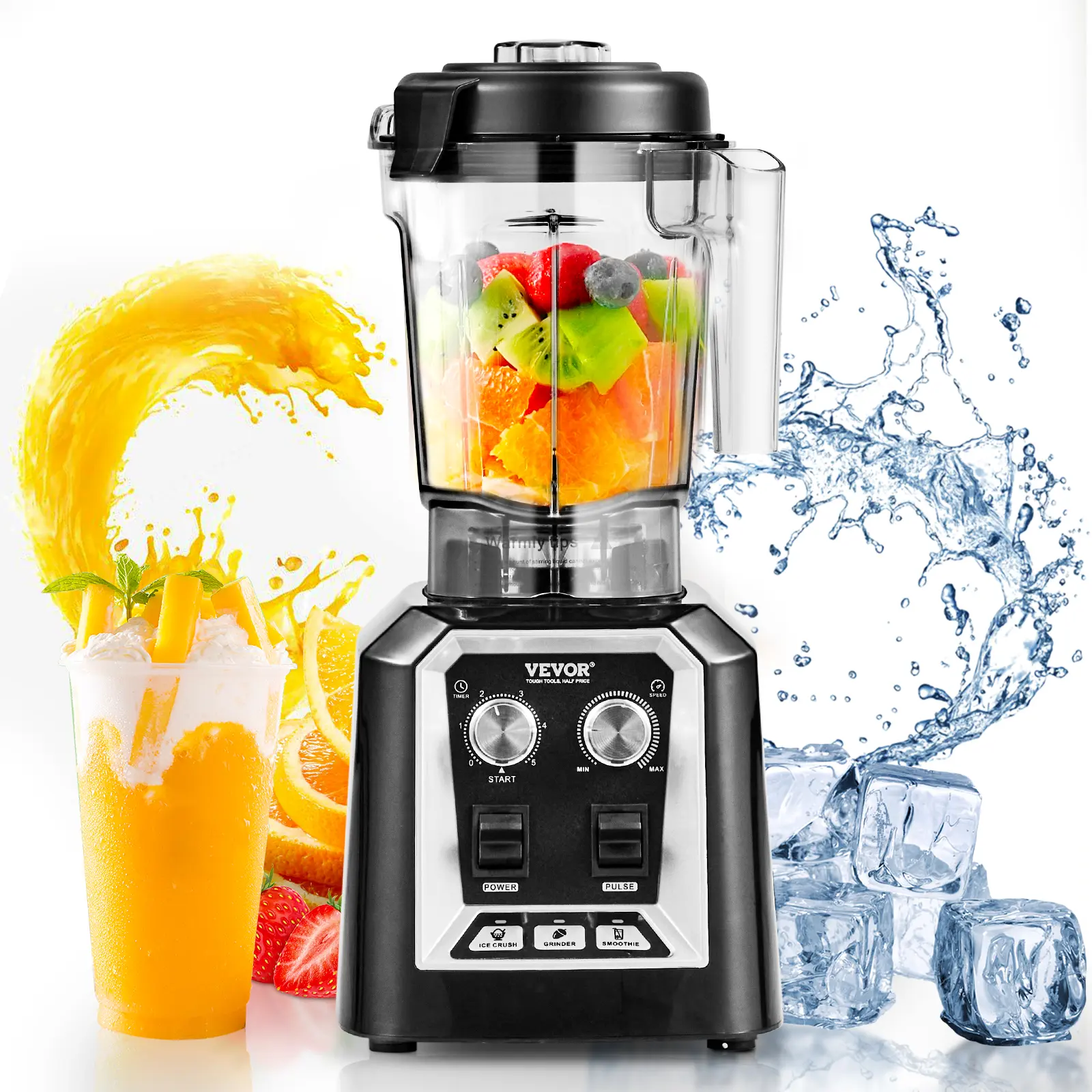 【summerfinds】VEVOR Professional Blender, Commercial Countertop Blenders, 68 oz Jar Blender Combo, Stainless Steel 3 Functions Blender, for Frozen Drinks, Shakes, Smoothies, Peree, and Crush Ice, Black