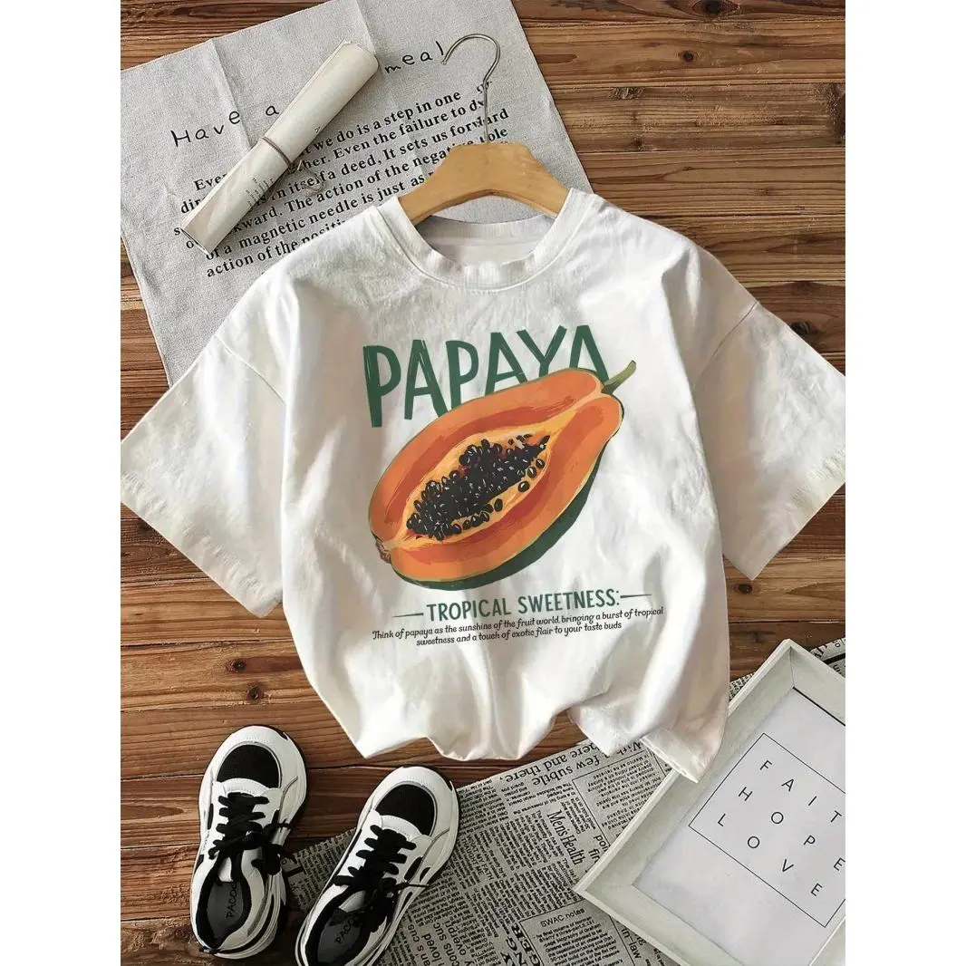 Women's Papaya Fruit Graphic Streetwear Tshirt, Round Neck, Dropped Shoulders, Short Sleeve, Soft Lightweight Tropical Print Summer Casual Vacation Beach Outfit Top