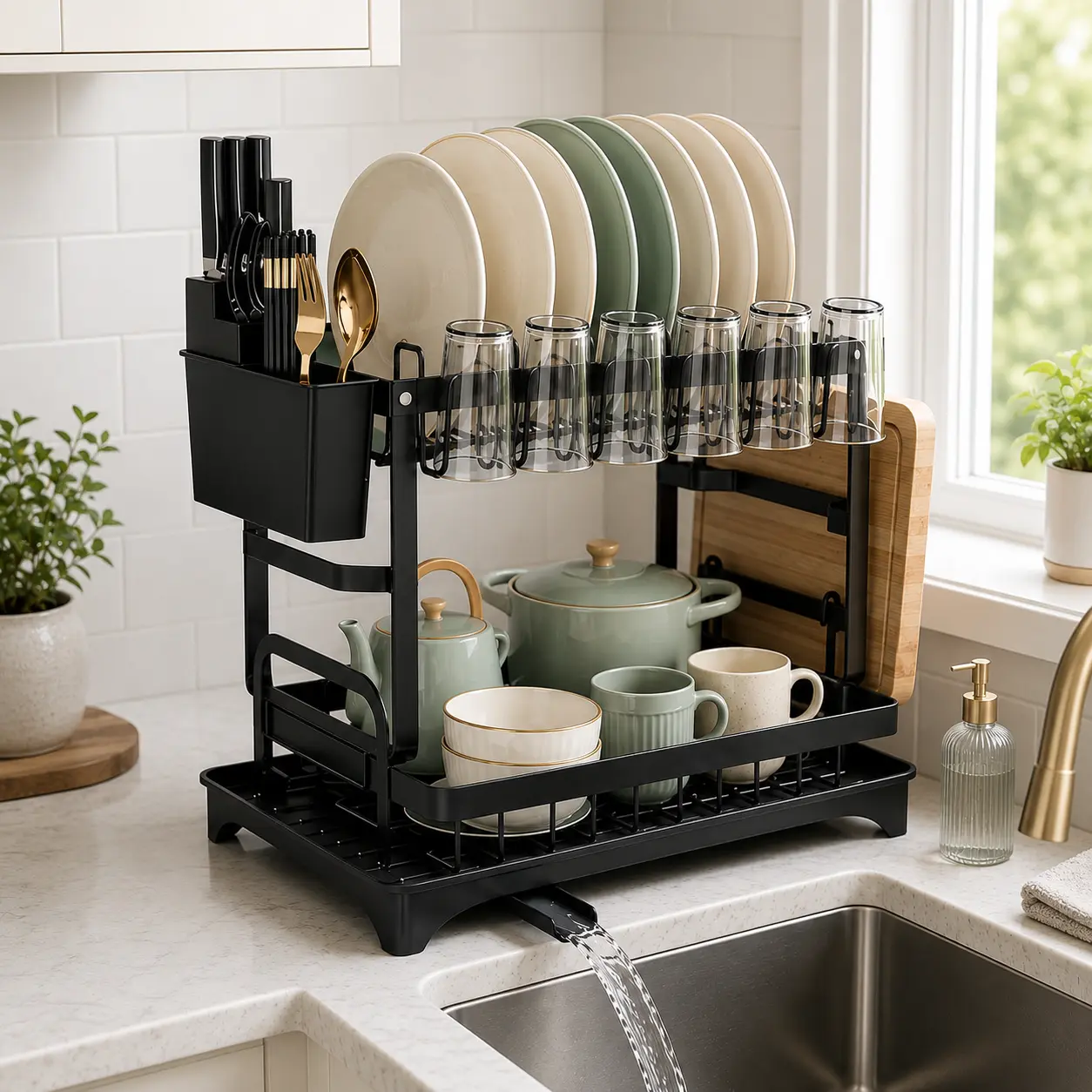 2-Tier Metal Kitchen Organiser, Large-Capacity Adjustable Detachable Countertop & Sink Storage Rack for Household Items