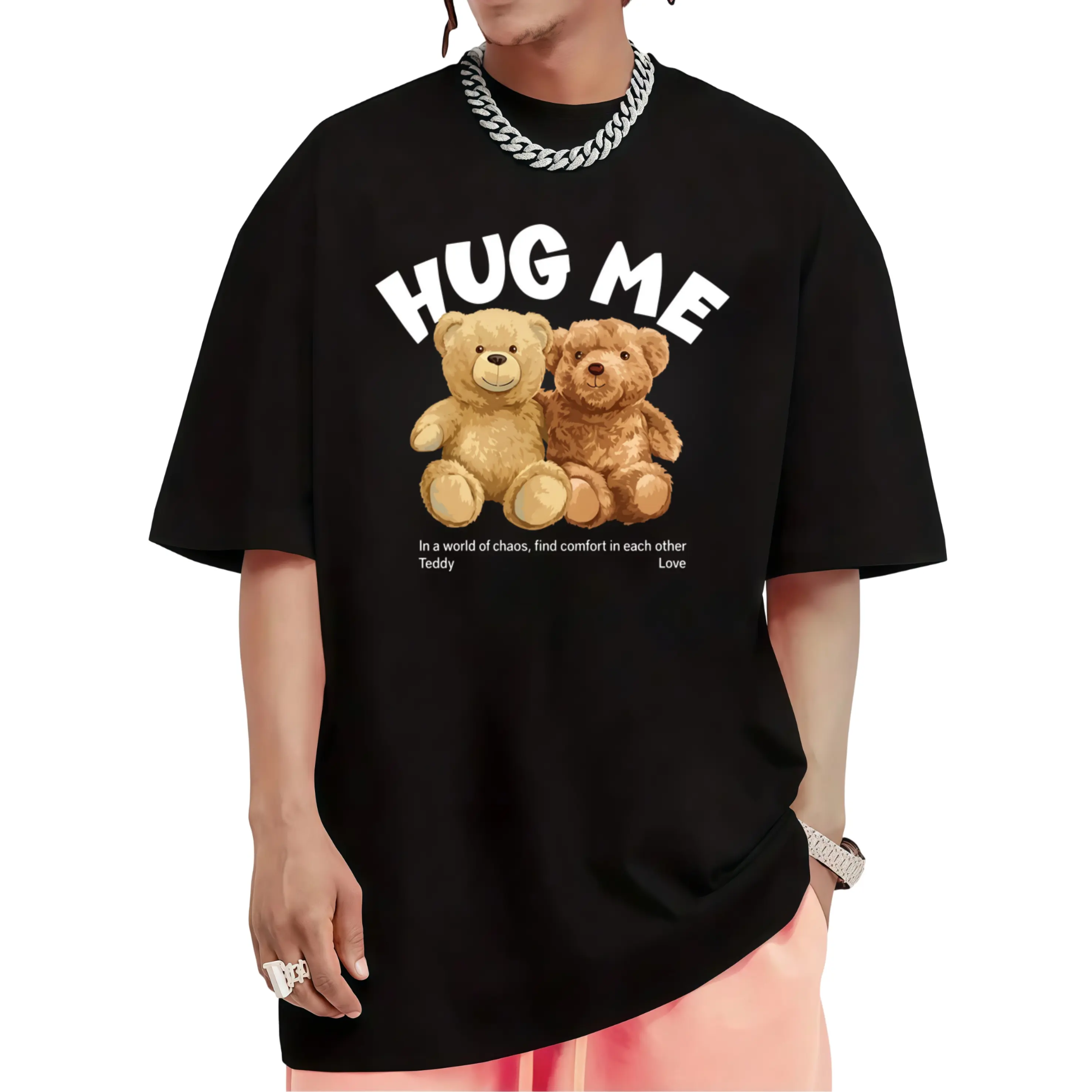 Soft Cotton Graphic T-Shirt with Textured Teddy Bear "Hug Me" Quote Print, Unisex Casual Relaxed Fit Short Sleeve for Matching Couples