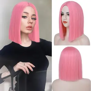 12 Inch Pink Wig For Women Short Straight Bob Without Bangs Middle Part Shoulder Length Fashion Heat Synthetic Colored Wigs for Party Costume Halloween Use