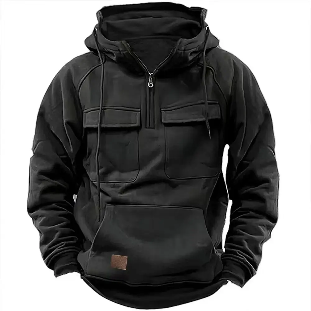 Fashion Men's Hoodies New Casual Sweatshirt Half Zip Solid Color Pockets Hoodie Male Streetwear Hooded Tops