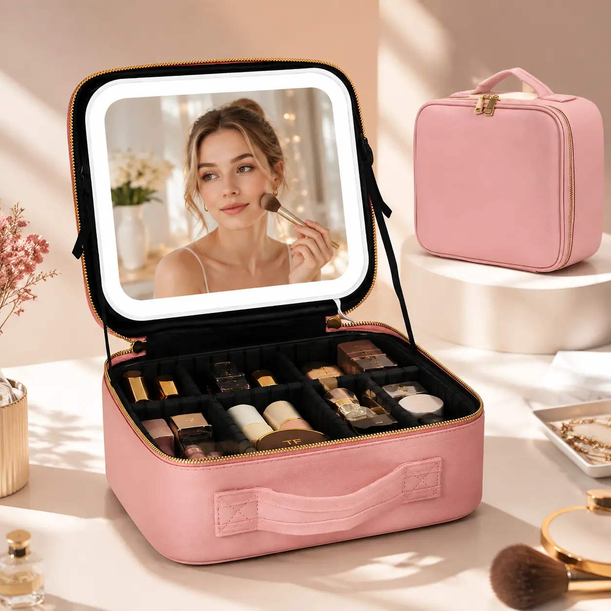 Chic PU Leather Makeup Bag with 3-Color LED Mirror, Built-In Batteries, Adjustable Dividers, Plain Design for Business Travel & Makeup Organization
