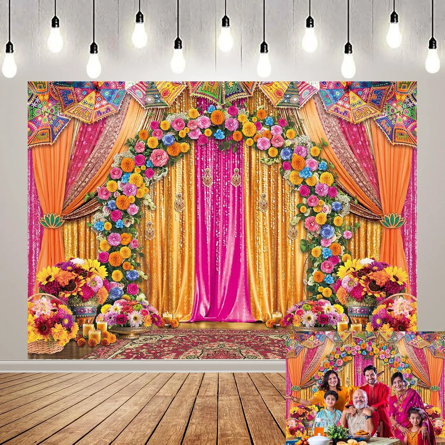 Indian Marigold Flower Print Banner Wall Backdrop - Reusable Polyester Prints, Lightweight Home Decor Tapestry for Room, Traditional Festival, Bride Decorations, Baby Shower Party Supplies (Photo-Ready)