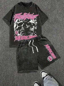 Urban Y2K Men’s Vintage Washed "Hellwear" Skull 2-Piece Set | Black Tee + Shorts Streetwear Washed Cotton Short Sleeved Shorts Setsummer Outfits For Men