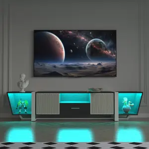TV Stand for 75 Inch TV, LED Entertainment Center with Remote Control for 65 70 75 Inch TV, Biplane Design TV Console with Power Cord and Metal Legs, TV Stand of 70.86 Inches Length, Black