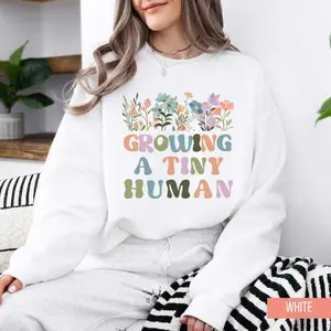 Growing A Tiny Human Pregnancy Announcement T-Shirt Or Sweatshirt , Floral Baby Reveal Maternity T-shirt Gift for Expecting Mom Pregnancy Shirt Mom to Be tee shirt short sleeve Fabric