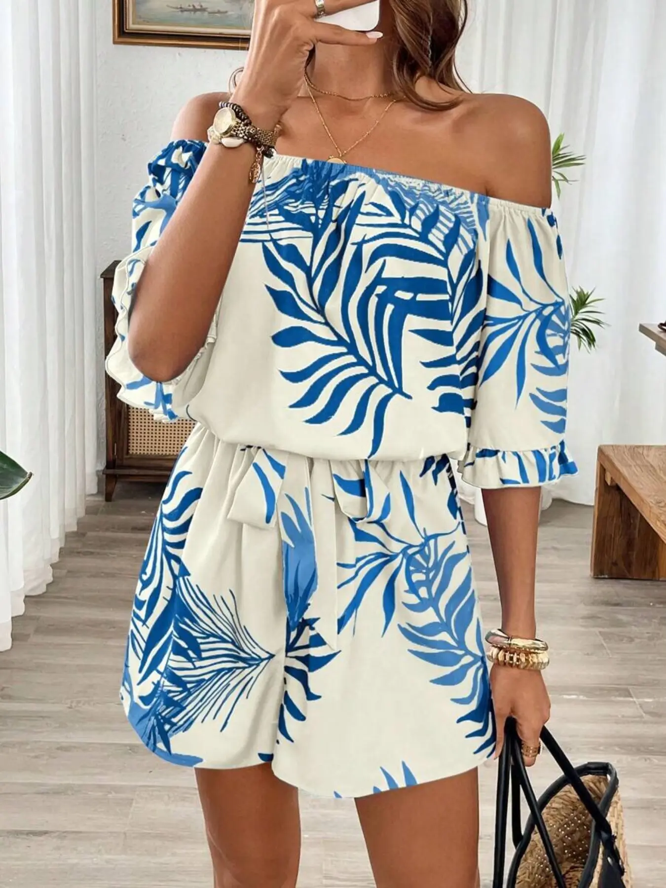 Women's Loose-Fitting All-Over Printed Hawaiian Style Jumpsuit, Boho, Bohemian, Elegant Summer Wear, Comfortable & Stylish One-Piece, Bohemian Overalls