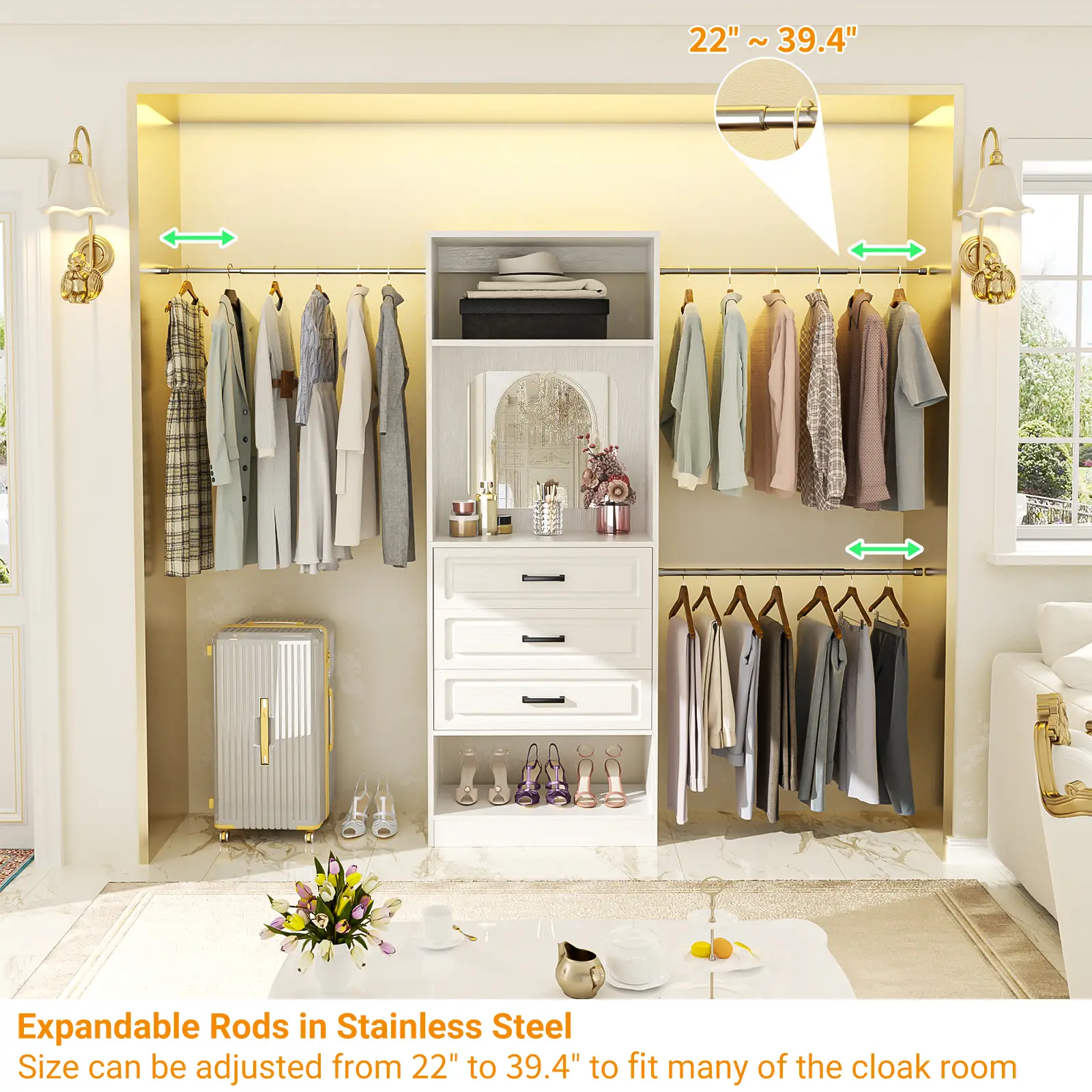 48" W - 96” W Closet System with Mirror, 8FT Walk in Closet Organizer Kits with Drawers and 3 Extendable Hanging Rod, Sturdy Wood Clothing Garment Rack with 25” Tower, Max Load 1000 LBS