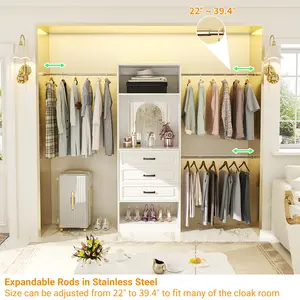 48" W - 96” W Closet System with Mirror, 8FT Walk in Closet Organizer Kits with Drawers and 3 Extendable Hanging Rod, Sturdy Wood Clothing Garment Rack with 25” Tower, Max Load 1000 LBS