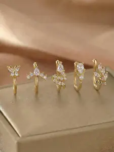 5 Piece Vintage Synthetic Zircon Nose Rings Set, Butterfly Snake Arrow Geometric Design, No Piercing Needed, Perfect for Daily Wear, Sparkling Zircon Inlay