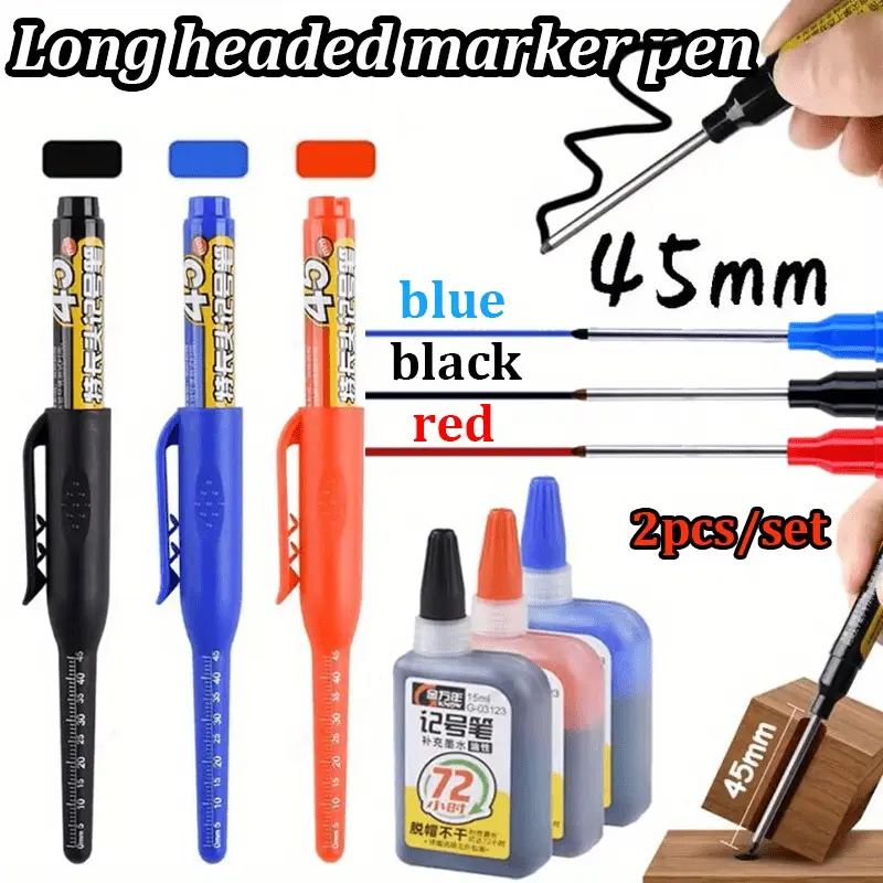 2pcs/set brand new high-quality 45mm black, blue, and red deep hole long head marking pen, Deep Hole Markers, woodworking drilling ceramic tile marking pen can be added to filling quick drying waterproof and non fading consumables