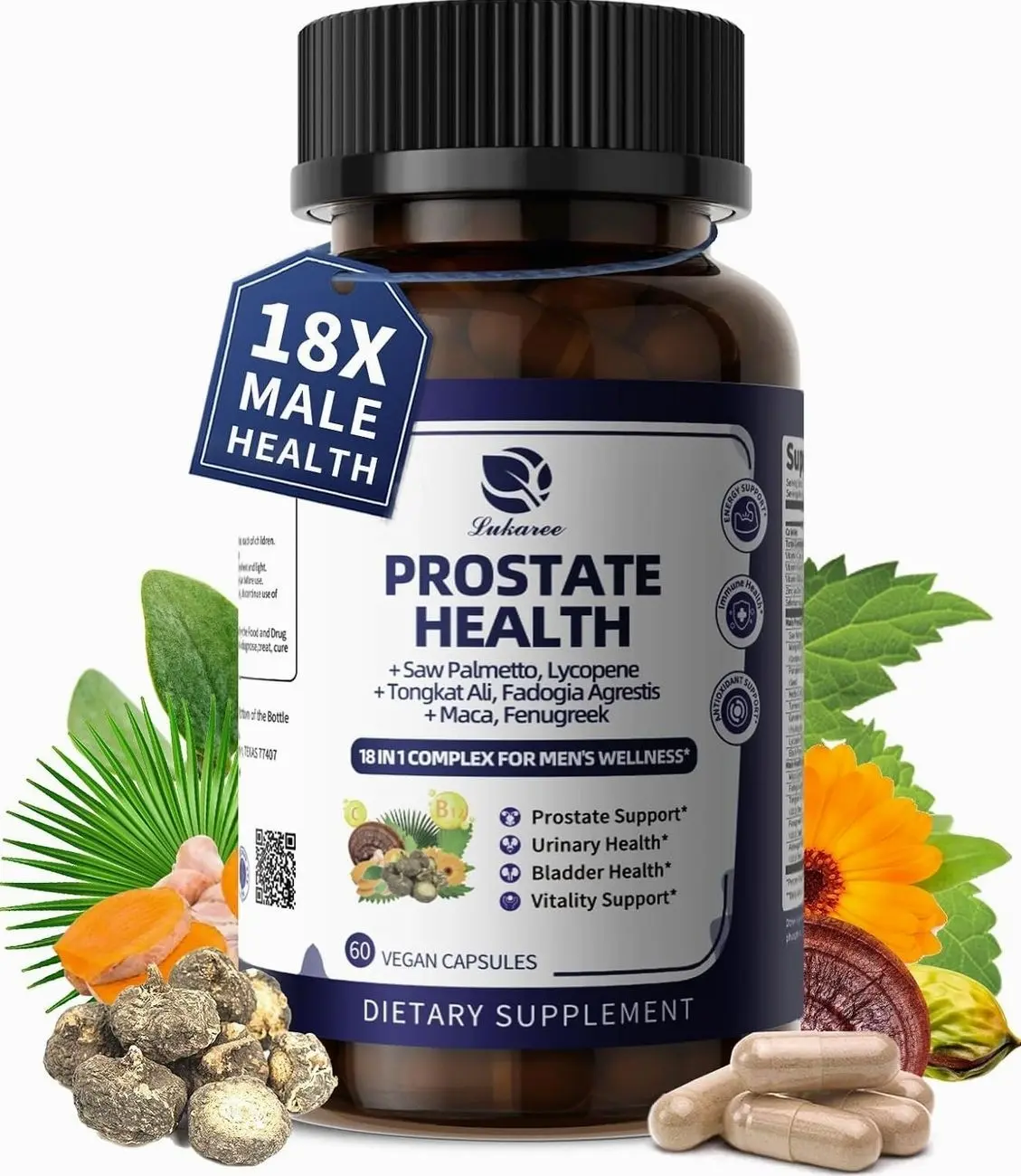 Lukaree Prostate Health Supplements for Men - 18 in 1 Saw Palmetto with Pumpkin Seed & Nettle - Advanced DHT Blocker - Urinary Tract Health Support - with Ashwagandha, Reishi, 60 Capsules