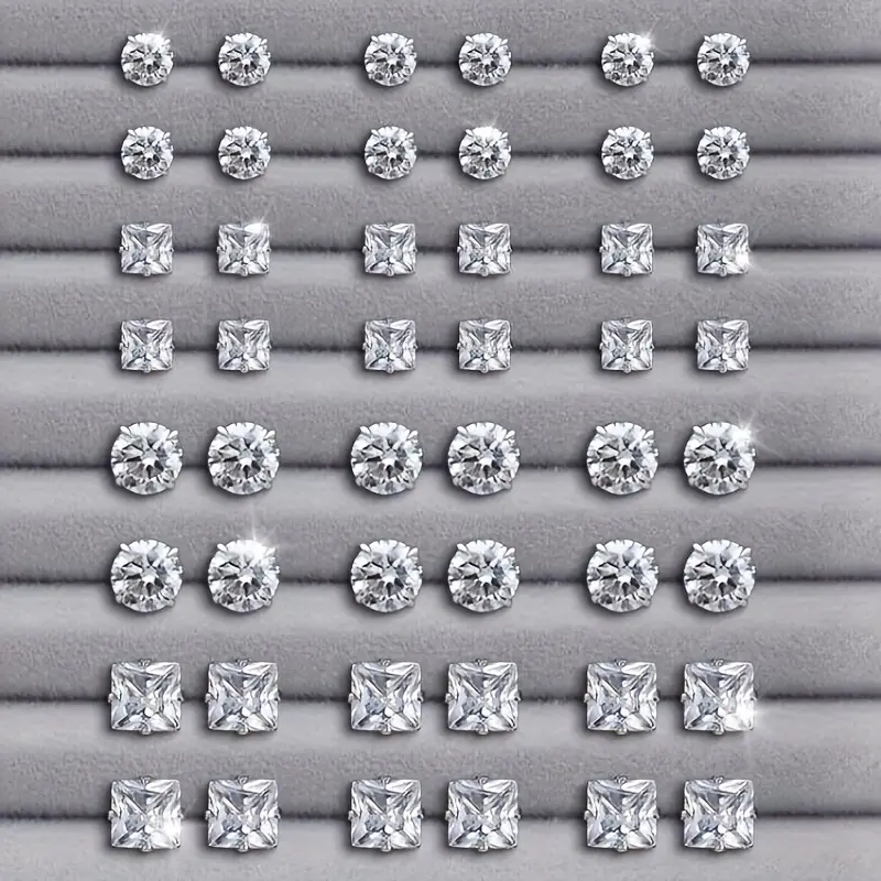 [24 Pairs Stainless Steel Stud Earrings Set] Sparkle Cubic Zirconia Inlay, Round&Square Designs, Casual Style Fashion Gift for Women, Stainless Steel Jewelry