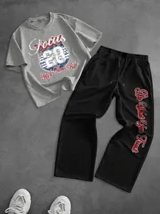 Men's two-piece set: one printed short-sleeved T-shirt and one pair of drawstring trousers. Casual style, loose and breathable fabric, comfortable to wear in all seasons. Makes a great gift.