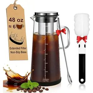 Cold Brew Coffee Maker 1.4L/48oz with Handle, Extended Stainless Steel Filter for Deep Extraction, Iced  Pitcher with Non-Slip Base Includes Cleaning Brush & Long Stirring Spoon