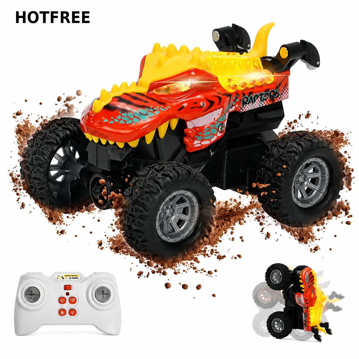 Hotfree Mini RC Dinosaur & Shark Monster Truck, Pocket Size Animal Car, All-Terrain Stunt Vehicle with Alloy Shell, 2.4GHz Remote Control, LED Lights, Dual Speed, Birthday & Christmas Gift for Boys & Girls 6+