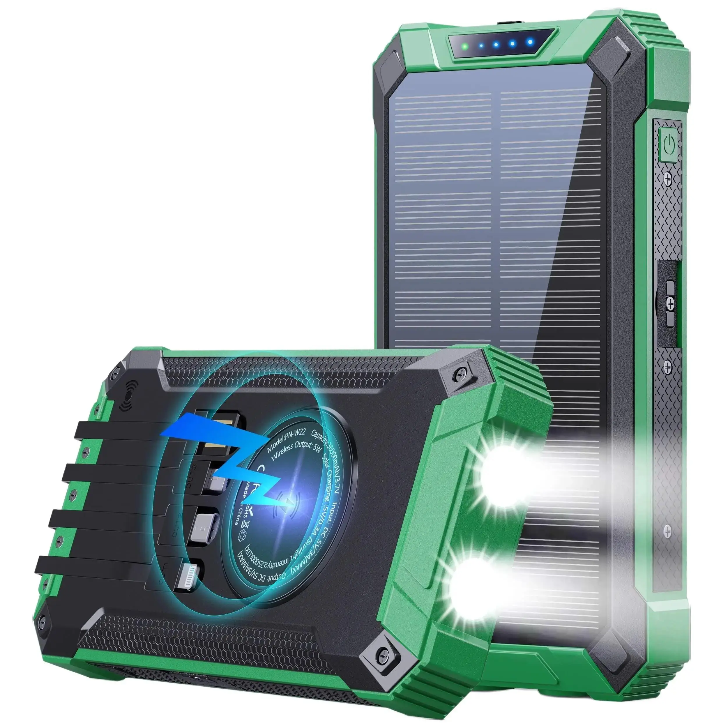 W22G Power Bank Wireless Charger 36000mAh Built in 4 Cables Six Outputs 15W Fast Charging Power Bank for All Mobile Devices Three Inputs Solar Portable Charger with Dual Flashlights, Carabiner