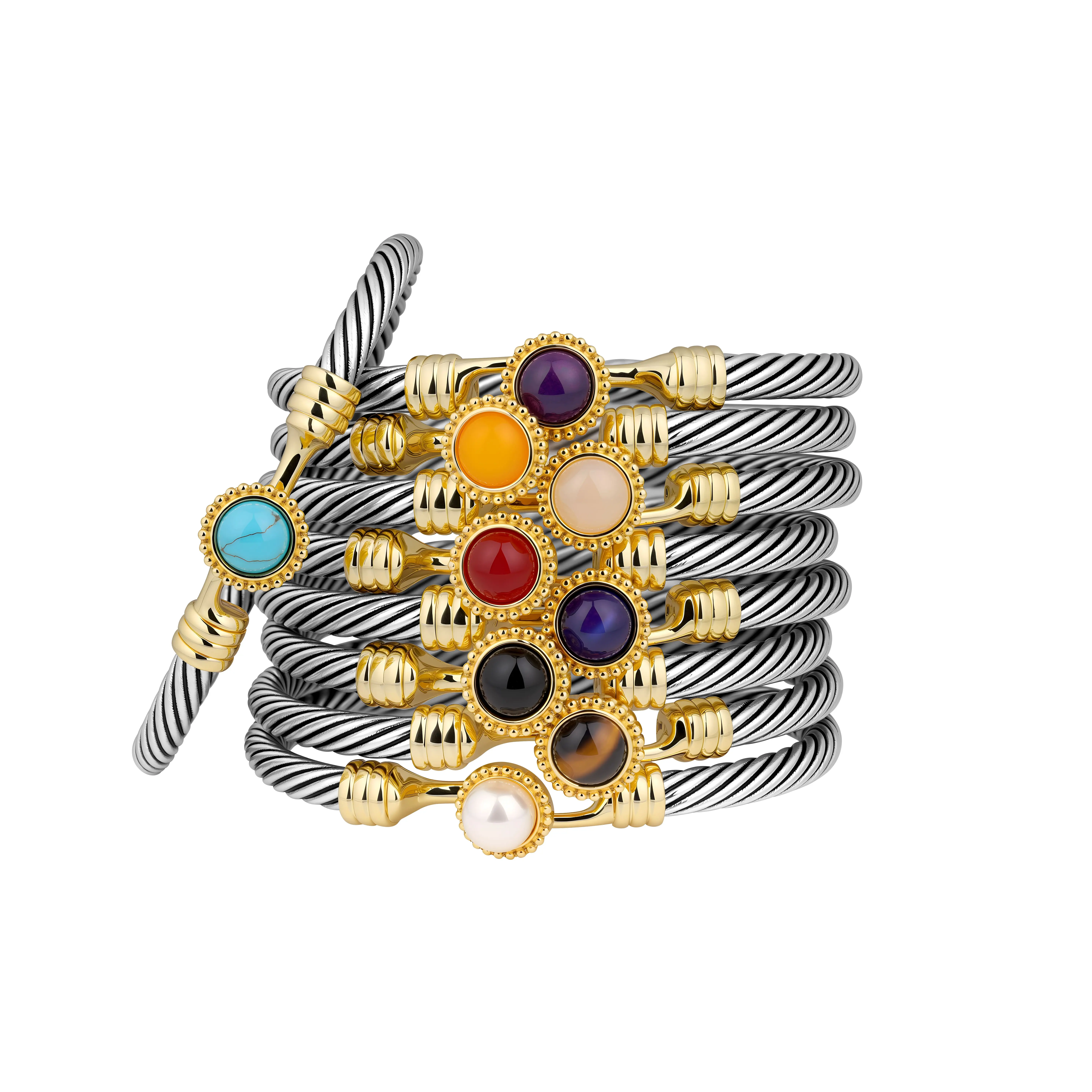 Aprilery Birthstone Positive Energy Healing Crystal Cuff Bracelet with Mixed Metal Aesthetic – Natural Gemstone Turquoise Bracelet Collection for Daily Wear & Birthday Gifting
