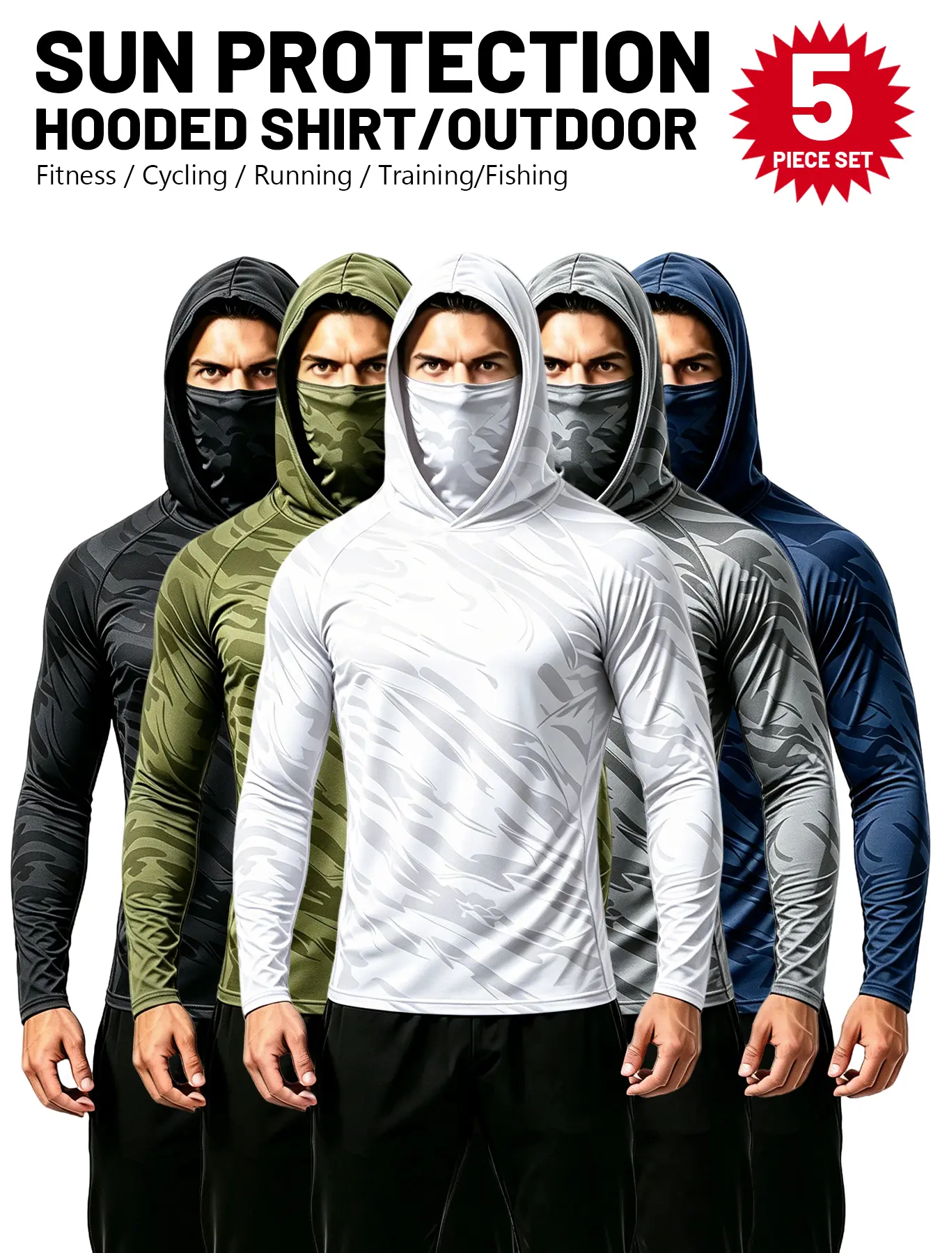 Men's 3/5/6-Pack UPF Sun Protection Compression Shirts, Slim Fit 4-Way Stretch Polyester Spandex Long Sleeve Hooded Tops with Attached Face Mask, Quick Dry Breathable Lightweight Cooling Activewear for Fishing, Construction
