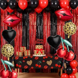 30 Pcs Red and Black Birthday Party Decoration Kit with Foil Fringe Backdrop,Cheetah Pattern Cherry Print, Red Lips and Black Heart Balloon for Valentine's Day Party Decor,Kiss The Miss Goodbye