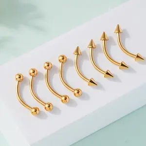 Oufer 16G 10MM 8PCS Gold Balls and Spikes Rook Eyebrow Ring Curved Bar