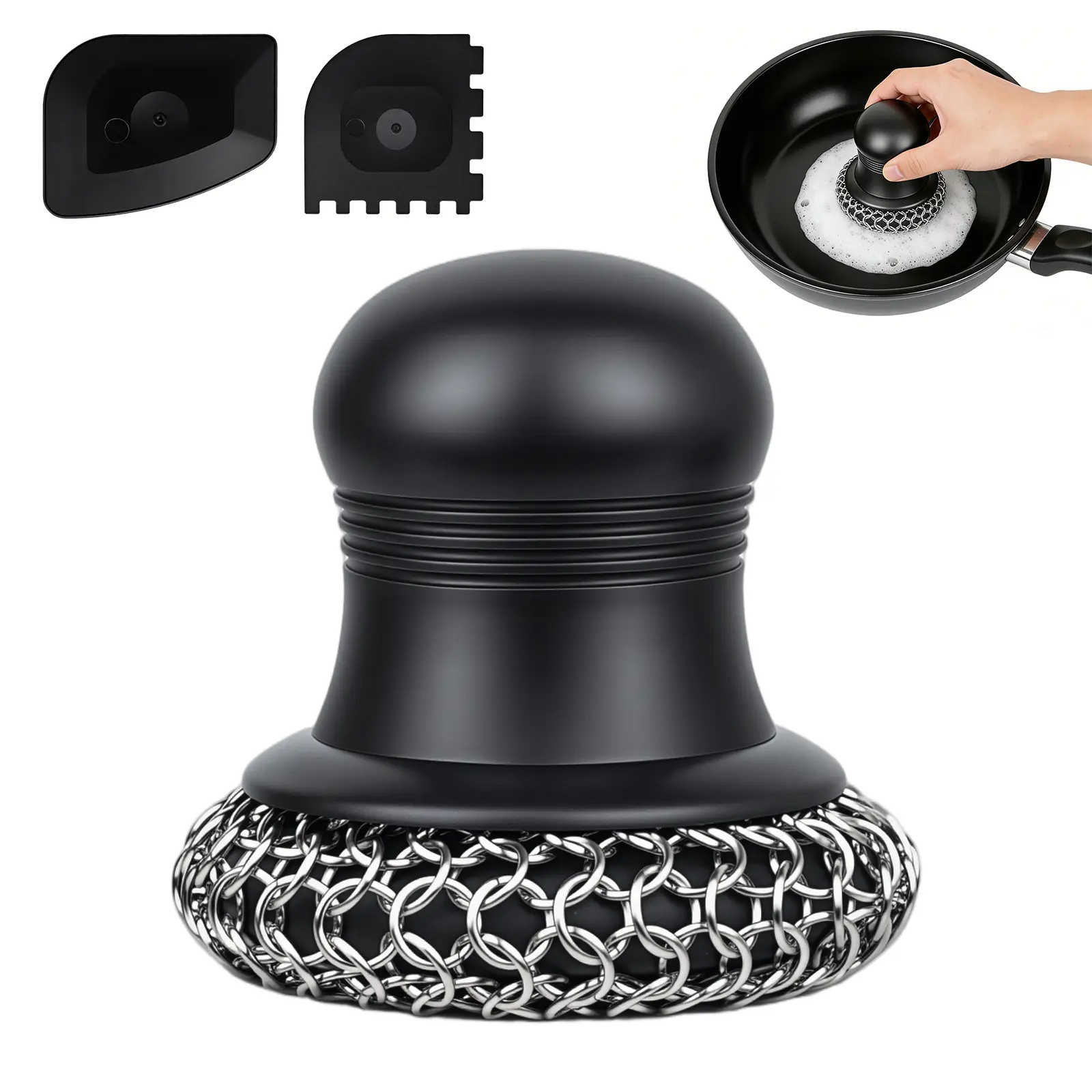 Cast Iron Scrubber with Pan Scrapers, 316 Chainmail Scrubber, Upgraded Chain Mail Scrubber Sponge, Cast Iron Cleaner for Pan Skillet Wok Carbon Steel, Dutch Oven Metal Brush Cleaning Kit, Black